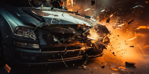 Crushed, dented vehicle conveys a stark image of accident. - obrazy, fototapety, plakaty