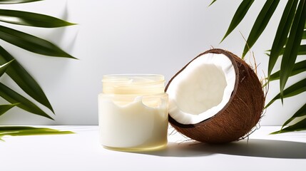  a bottle of coconut oil next to a half - eaten coconut.  generative ai