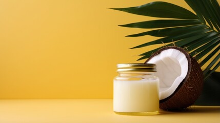 Obraz na płótnie Canvas a glass jar of coconut milk next to a half eaten coconut. generative ai