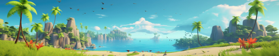 Fototapeta na wymiar Idyllic, playful video game backdrop featuring a tranquil.