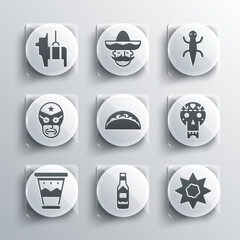 Set Tabasco sauce, Sun, Mexican skull, Taco with tortilla, drum, wrestler, Pinata and Lizard icon. Vector