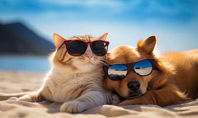 Peaceful beach scene with a playful dog and relaxed cat.