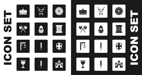 Set Round wooden shield, Castle tower, Crossed medieval axes, King crown, Decree, parchment, scroll, Medieval with swords, Shield and Gallows icon. Vector - obrazy, fototapety, plakaty