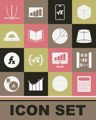 Set Calculator, Abacus, Geometric figure, Square root of x glyph, Open book, Protractor, Graph, schedule, chart, diagram and Pie infographic icon. Vector