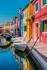 Farbige Häuser an einem Kanal auf der Insel Burano, Venedig, Italien, Generative AI
