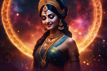 happy goddess woman with golden crown and moon on background. goddess of goddess and goddess of goddess, goddess of Indian woman with goddess Durga on black background, goddess Durga, Navratri puja in