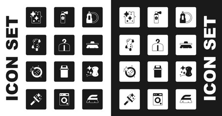 Set Dishwashing liquid bottle, Hanger wardrobe, Sponge, Home cleaning service, Brush for, Air freshener spray, and Washing dishes icon. Vector