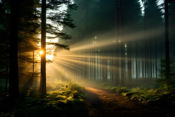 A Dreamy Forest with Mist and Soft Sunlight Filtering.