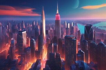 3d illustration - alien city skyline - alien city with neon light 3d illustration - alien city...
