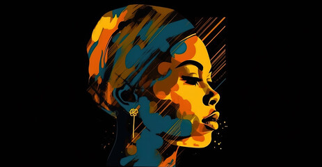 Fototapeta na wymiar Portrait of African American Woman Watercolor Painting on Black Background