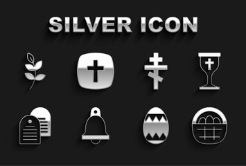Set Church bell, Christian chalice, Basket with easter eggs, Easter, Holy bible book, cross, Willow leaf and icon. Vector