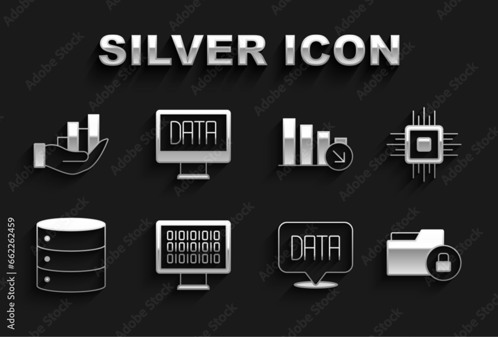 Poster set binary code, processor cpu, folder and lock, data analysis, server, financial growth decrease, p