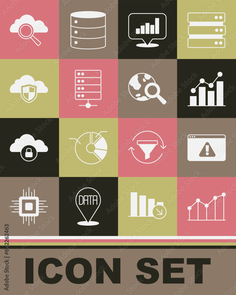 Poster set pie chart infographic, browser with exclamation mark, server, cloud and shield, search cloud com