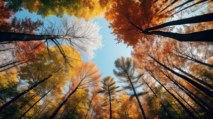 Looking up at a autumn forest full of colors with tall trees stretching out towards the sky, creating a canopy