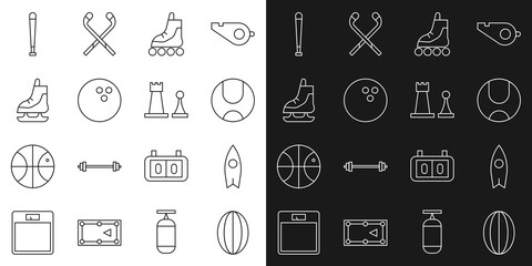 Set line Rugby ball, Surfboard, Tennis, Roller skate, Bowling, Skates, Baseball bat and Chess icon. Vector