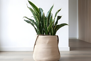 Home plant in jute basket with handles stands on floor in new house