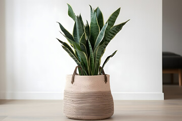 Home plant in jute basket with handles stands on floor in new house