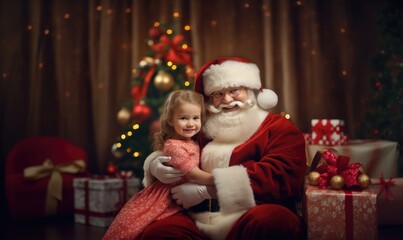 Obraz na płótnie Canvas Smiling Santa Claus give the gift to kid.