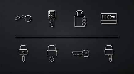 Set line Broken key, Lock picks for lock picking, Key card, and, Car with remote, and Safe combination icon. Vector