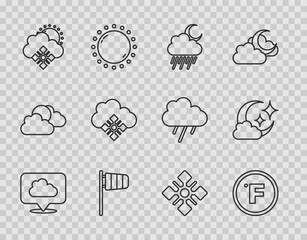 Set line Location cloud, Fahrenheit, Cloud with rain and moon, Cone windsock wind vane, snow sun, Snowflake and icon. Vector - obrazy, fototapety, plakaty