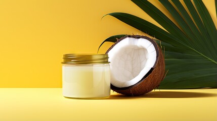  a jar of coconut oil next to a half eaten coconut.  generative ai - obrazy, fototapety, plakaty