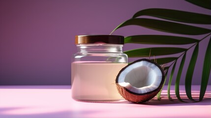  a bottle of coconut oil next to a half eaten coconut.  generative ai