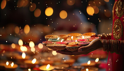 Diwali festival of lights background with candles and bokeh 