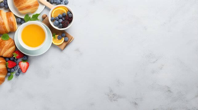  croissants, orange juice, and berries on a marble table.  generative ai