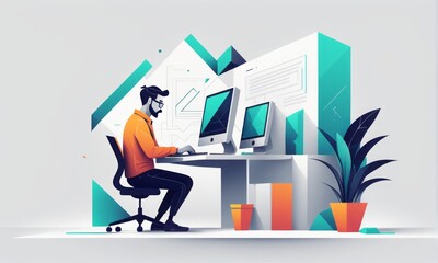 man working in office with laptop, illustration. man working in office with laptop, illustration....