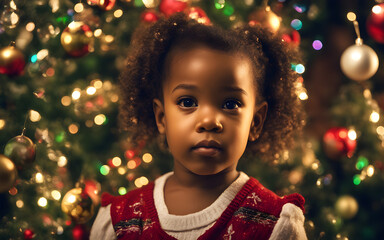 A black mixed race girl toddler intrigued by a Christmas tree