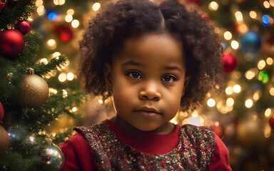A black mixed race girl toddler intrigued by a Christmas tree