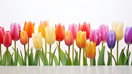 Tulip Tapestry. Rows of colorful tulips. Floral wallpaper texture, floral card, fashion event, decorative background with copy space. 