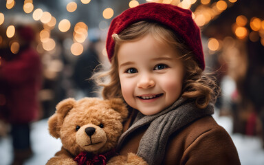 A toddler girl  smiling and holding a brown teddy bear at a christmas market