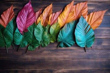  a row of colorful leaves on a wooden surface with a wood background.  generative ai