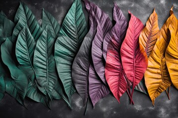  a row of different colored leaves on a black background with a gray background.  generative ai