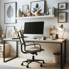 Elegant home office with a sleek computer, framed botanical art, wooden accents, and modern furniture.
