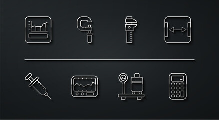 Set line Graph, schedule, chart, diagram, Syringe, Area measurement, Scale with suitcase, Measuring instrument, Micrometer, Calculator and Calliper caliper and scale icon. Vector