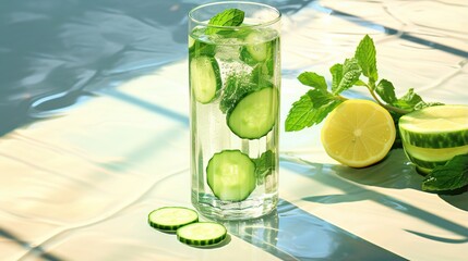  a glass of water with cucumbers and lemon slices.  generative ai