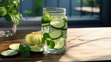  a mason jar filled with cucumbers and mint leaves.  generative ai
