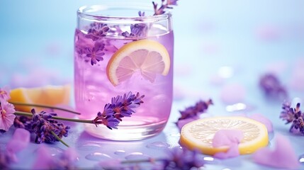 Obraz na płótnie Canvas a glass of water with lemon slices and lavender flowers in it. generative ai