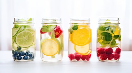  a row of jars filled with different types of fruit and veggies.  generative ai