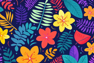 Fototapeta premium Tropical leaves and flowers quirky doodle pattern, wallpaper, background, cartoon, vector, whimsical Illustration