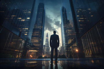 A businessman standing in front of a skyscraper