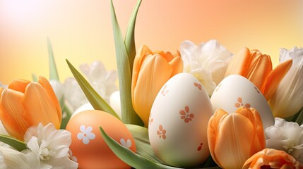  a bouquet of flowers and eggs with a yellow background and white flowers.  generative ai