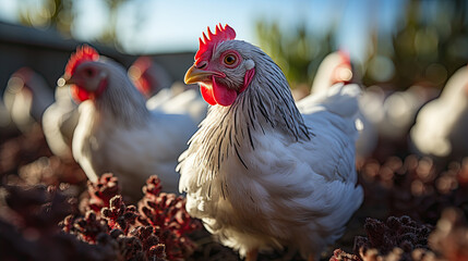 Organic poultry farm in countryside field focusing on sustainability meat and eggs production