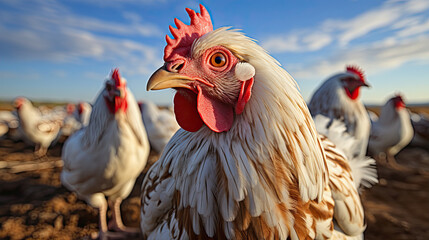 Organic poultry farm in countryside field focusing on sustainability meat and eggs production