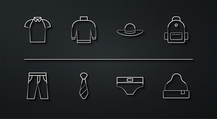 Set line Polo shirt, Pants, School backpack, Men underpants, Tie, Sweater, Beanie hat and Elegant women icon. Vector