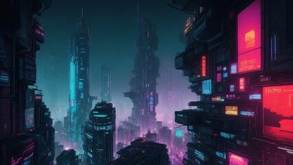 "An illustration depicting the Cyberpunk streets from an aerial view of the futuristic city, during the night."