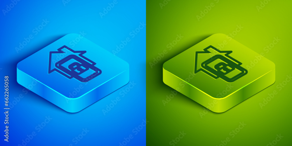Poster isometric line mobile phone with smart home icon isolated on blue and green background. remote contr