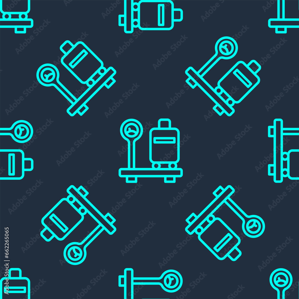 Poster green line scale with suitcase icon isolated seamless pattern on blue background. logistic and deliv